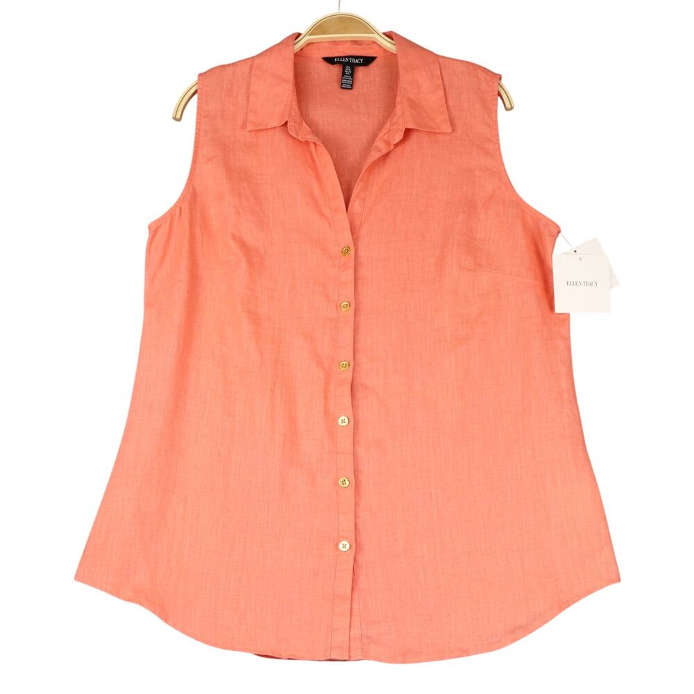 NWT Ellen Tracy 100% Linen Button Up Collared Tank Top L Coral Beach Lagenlook